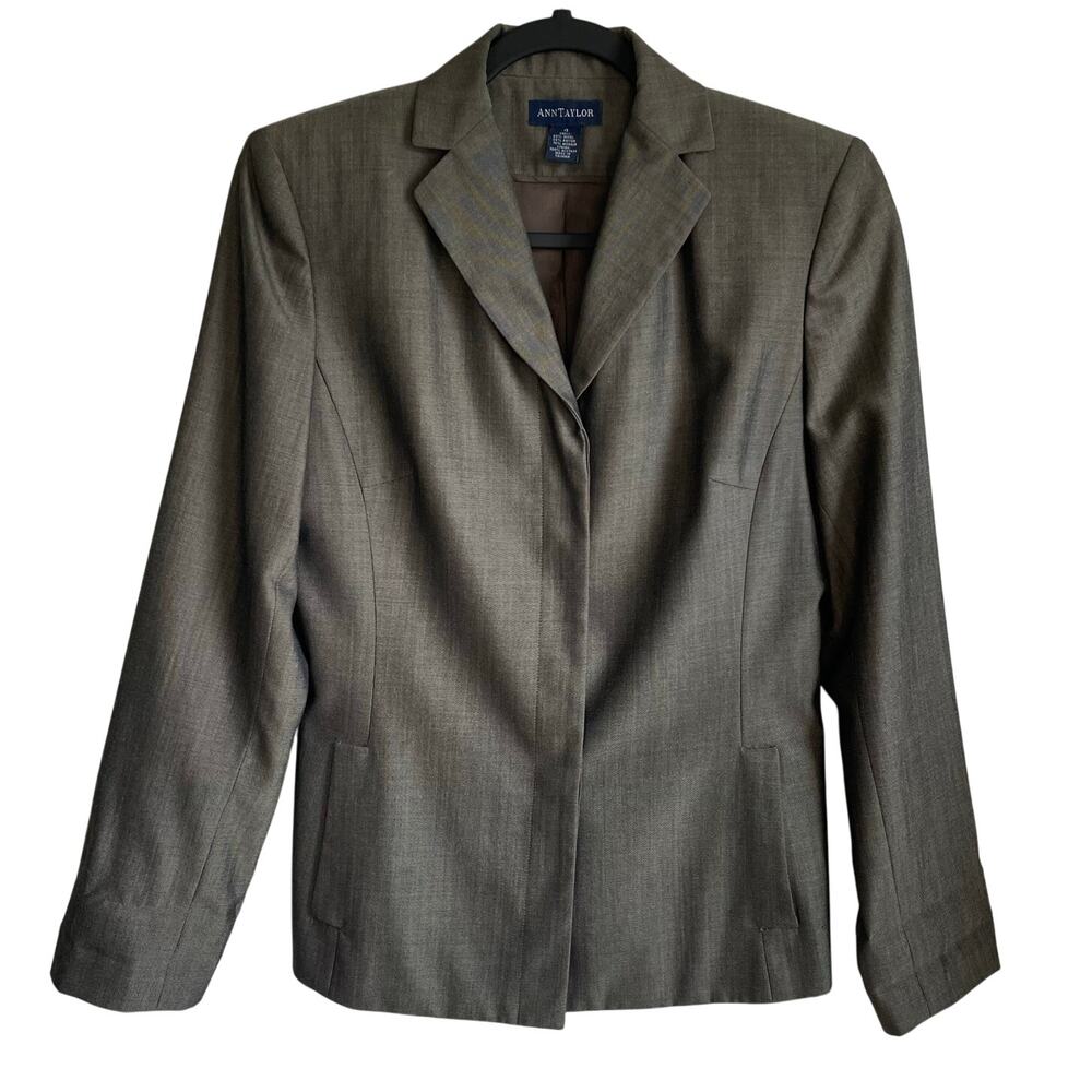 Ann Taylor Blazer Jacket 4 Wool Mohair Blend Hidden Button Front Green Gray Chic